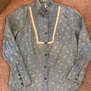 Free People Denim Print/Pleat Shirt SZ XS